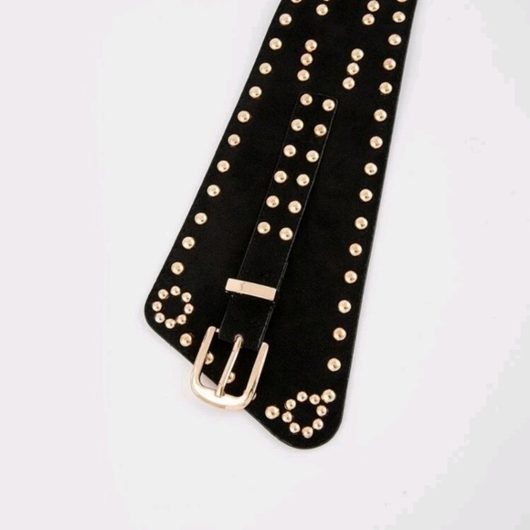 Black vegan faux suede corset gold studs punk wide boho waist belt - Picture 6 of 14